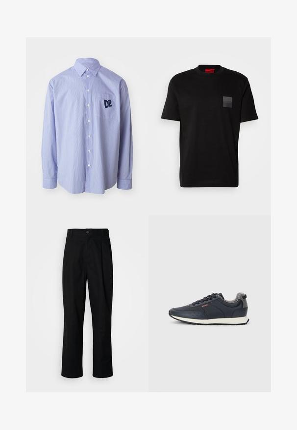 Camicia a maniche lunghe a righe blu e bianche in cotone. Presenta un colletto button-down e una tasca sul petto con un logo blu navy.; Maglietta nera in cotone con scollo rotondo, caratterizzata da un'etichetta nera testurizzata con logo sul lato sinistro del petto. Maniche corte e vestibilità rilassata.; Pantaloni neri a gamba dritta con vita con bottoni, passanti per cintura e piega frontale, esposti su uno sfondo bianco semplice.; Sneakers blu navy con una parte superiore in sintetico liscio, punta arrotondata, accenti grigi, design con lacci e una suola intermedia bianca con suola esterna nera testurizzata.
