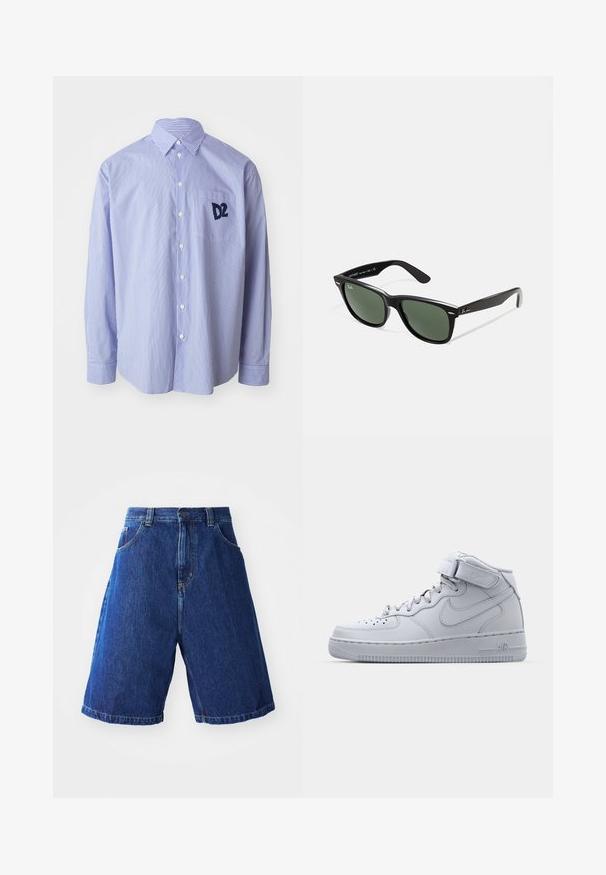 Blue and white striped long-sleeve shirt made from cotton. Features a button-down collar and a chest pocket with a navy logo.; Denim shorts with a blue wash, featuring a high waist, two front pockets, and yellow stitching along the seams.; High-top gray Nike Air Force 1 sneakers with leather upper, padded collar, and a Velcro strap. Iconic design features perforated toe box.; Black plastic sunglasses with green lenses, square frames, silver accent on the brow, and textured temple arms. Stated brand on inner arm.
