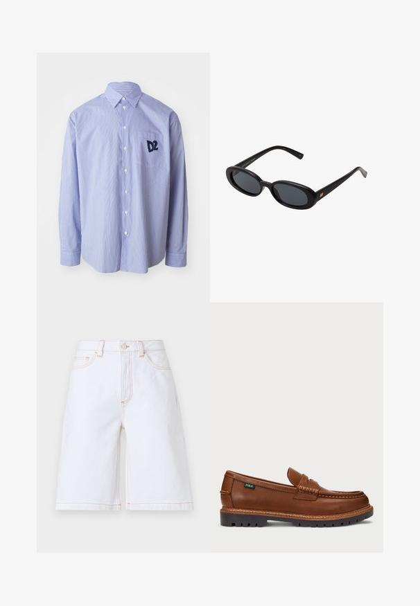 Camisa de manga longa azul e branca às riscas, feita de algodão. Apresenta um colarinho com botões e um bolso no peito com um logo azul marinho.; Bermudas de denim branco com corte reto, cinco bolsos e costura em tom de beige contrastante. Inclui fecho frontal com botão e zipper.; Mocassim de couro castanho com costura decorativa e bico texturizado. A sola apresenta um design robusto, oferecendo tração e durabilidade.; Óculos de sol pretos oversized com lentes ovais, armação de plástico suave e detalhes em dourado nas hastes. As lentes escuras oferecem proteção solar.