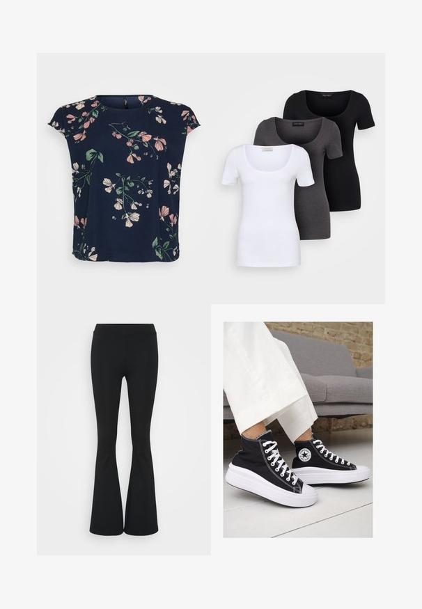 Marinebluse med blomsterdesign i rosa og grønt. Har korte ermer og rund hals, laget av lett stoff.; Tre figurerte T-skjorter i hvit, grå og svart. Hver har en bred scoop-nakke og korte ermer. Laget av glatt, elastisk stoff.; Svarte flared bukser laget av elastisk stoff, med høy midje og en glatt tekstur. Buksene vidder ut fra kneet.; Sorte lerrets høy-top sneakers med hvite gummisulinger og snørebånd. Har et rundt logo på siden og kontrasterende hvite sting.