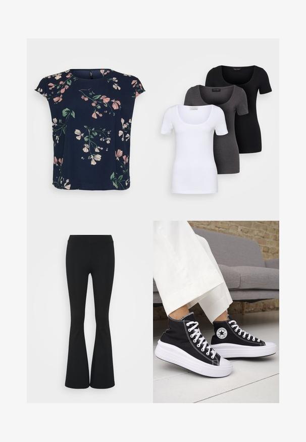 Blusa navy con motivo floreale in rosa e verde. Presenta maniche corte e scollatura tonda, realizzata in tessuto leggero.; Tre T-shirt aderenti in bianco, grigio e nero. Ognuna presenta un ampio scollo a barca e maniche corte. Realizzate in un tessuto morbido e elastico.; Pantaloni neri a zampa d'elefante realizzati in tessuto elasticizzato, con una vita alta e una superficie liscia. I pantaloni si allargano a partire dal ginocchio.; Sneakers nere alte con suole e lacci in gomma bianca. Presentano una toppa con logo rotondo e cuciture a contrasto bianche. Materiale in tela.