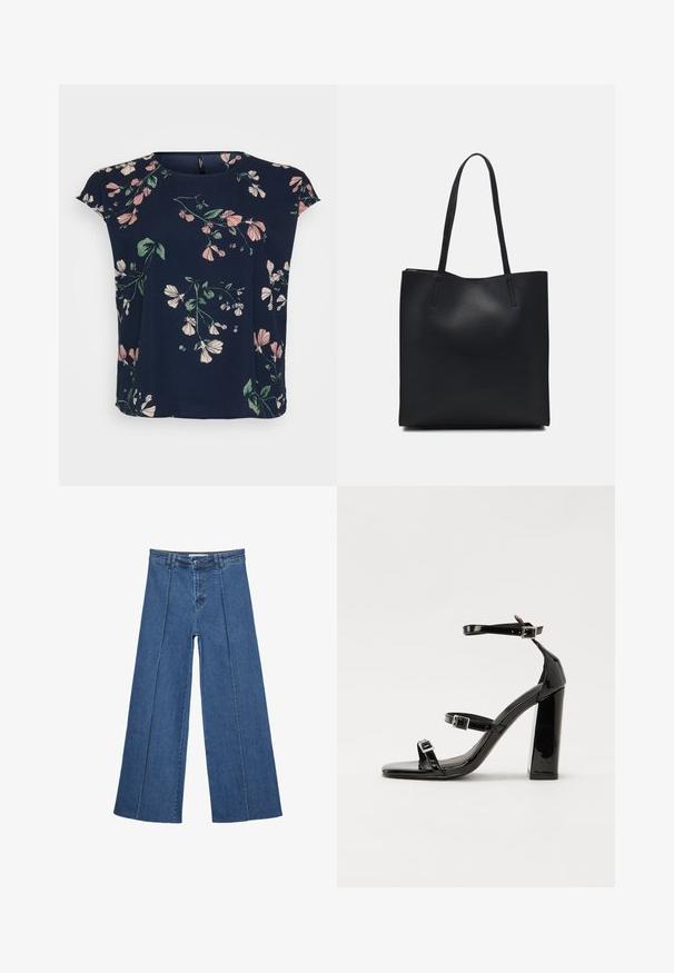 Marinebluse med blomsterprint i pink og grøn. Har korte ærmer og rund halsudskæring, lavet af letvægtsstof.; Bredde ben denim jeans i mellemblå, med høj talje, knaplukning og kontrasterende lodrette sømdetaljer foran.; Sorte patenterede hælsandaler med firkantet tå, ankelremme og sølvspænder. Har en chunky blokHæl for stabilitet.; Sort læder tote taske med glat tekstur, rektangulær form og to lange hanke. Ingen synlig hardware eller udsmykninger.