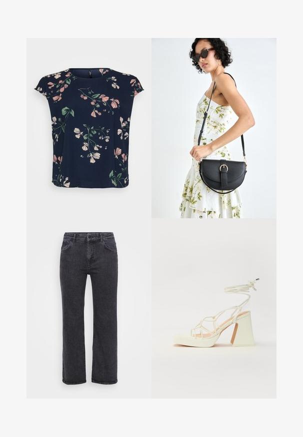 Tengerészkék blúz rózsaszín és zöld virágmintával. Rövid ujjak és kerek nyakkivágás jellemzi, könnyű anyagból készült.; Fekete farmernadrág egyenes szabással, öt zsebbel és gombos záródással. Az anyag kissé kopottas textúrájú és strapabíró varrással készült.; Fehér, magassarkú szandál vastag sarokkal, pántos dizájnnal és bokapánttal. Sima textúra, elülső platformmal a megnövelt magasság érdekében.; Fekete bőrtáska ívelt formával, levehető pánttal és arany színű fémrészekkel. A táskán egy csattal díszített fedél található.