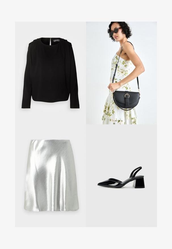 Juoda ilga rankovė bamba su apvaliu iškirpimu ir pliociruotais peties akcentais. Pasižymi paslėptu užpakaliniu užtrauktuku ir minkšta, glotnia medžiaga.; Sidabrinės metalinės spalvos mini sijonas su sklandžia tekstūra ir švelniu blizgesiu. Turi platėjančio dizaino formą ir paprastą, tvarkingą apatinės dalies kirpimą.; Juodos lakuotos odinės šlepetės su smailiu pirštu ir geometriniu bloko kulnu. Turi elegantišką, minimalistinį dizainą ir lygų paviršių.; Juodas odinis krepšys su išlenkta forma, nuimamu dirželiu ir auksiniais detalėmis. Krepšys turi kilpą su sagtimi.