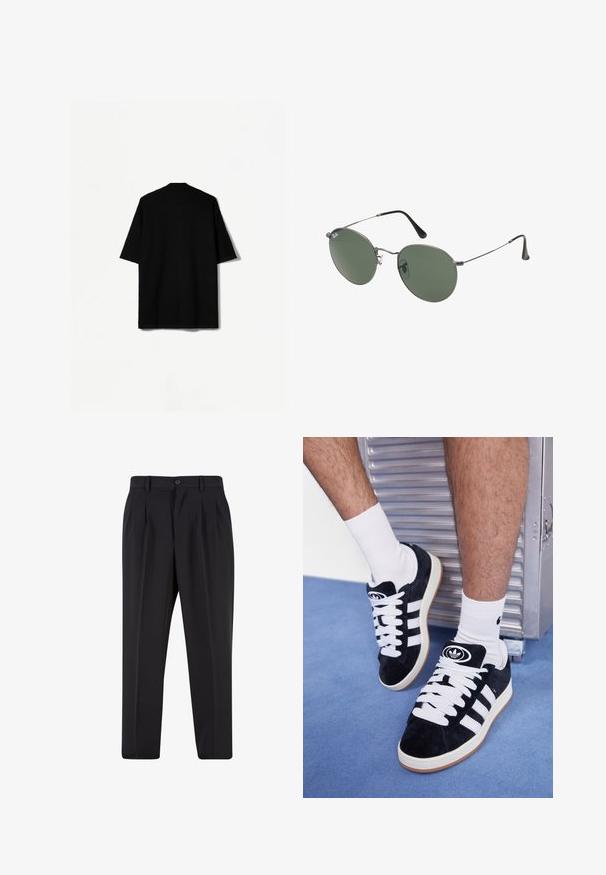 Črna majica s kratkimi rokavi, ki ima sproščen kroj, teksturirano tkanino in ovratnik. Na hrbtni strani se ponaša z brezšivnim dizajnom brez vidnih šivov.; Črne hlače z nabranim sprednjim delom, narejene iz gladkega materiala. Imajo gumbasto zapiranje in zanke za pas; ravne hlačnice.; Črne semiš teniske z belimi vezalkami in tremi belimi črtami. Imajo okroglo črno oznako na jezičku in gumijast podplat.; Sončna očala z ovalnimi zelenimi lečami v kovinskem okvirju. Tanjši srebrni kovinski okvir in črne ušesne konice. Minimalistična zasnova, brez vidnih logotipov.
