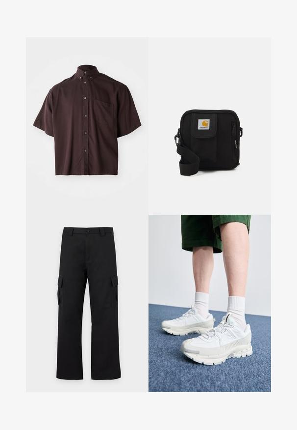 Korte mouwen, gekomapotte blouse in diep bordeaux. Voorzien van knopen aan de voorkant en een enkele borstzak. Glad stof met een ontspannen pasvorm.; Zwarte cargobroek met een recht gesneden ontwerp. Gemaakt van duurzaam materiaal, met twee zijzakken met klep en een knoopsluiting.; Witte sportieve schoenen met textuuroverlays, een dikke zool en grijze accenten. Draag ze met witte crew-sokken en groene shorts op een blauwe ondergrond.; Zwarte schoudertas met een rits hoofdcompartiment, voork pocket, verstelbare strap en een zichtbaar logo op de klep.