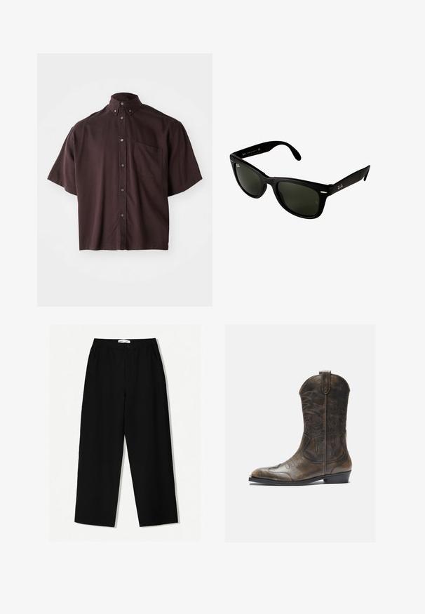 Košile s krátkými rukávy a límečkem v tmavě burgundské barvě. Obsahuje knoflíky na přední části a jednu kapsu na prsou. Hladká tkanina s volným střihem.; Černé kalhoty s širokými nohavicemi z texturované látky, s elastickým pasem a postranními kapsami. Jednoduchý, minimalistický design bez zdobení.; Hnědé kožené kovbojské boty s vysokým sálem, špičatou špičkou, složitými vyšívanými vzory a malým podpatkem. Texturovaný povrch po celé délce.; Černé plastové sluneční brýle s tmavě zelenými čočkami. Rám čtvercového tvaru s stříbrnými akcenty a vyraženým logem na spánkové straně.