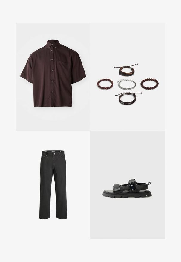 Koszula z krótkim rękawem, z kołnierzykiem w głębokim burgundowym kolorze. Posiada guziki z przodu oraz jedną kieszeń na piersi. Gładki materiał o luźnym kroju.; Czarne dżinsy o prostym kroju, wykonane z bawełny, z klasycznym pięciopocketowym designem, zapięciem na guzik oraz subtelnymi detalami w szwie.; Czarne sandały z teksturowaną cholewką, szerokimi paskami, metalowymi klamrami i grubą gumową podeszwą z bieżnikiem.; Zestaw pięciu bransoletek z brązowej skóry, drewnianych koralików i srebrnego łańcucha; różne faktury i kształty, z regulowanymi zapięciami.