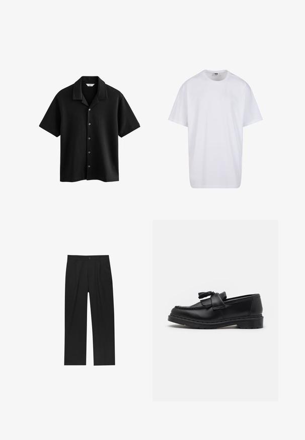 Next CUBAN COLLAR REGULAR FIT - Cămașă - black; Tricou alb din bumbac cu mâneci scurte, decolteu rotund, croială lejeră și fără logo-uri sau modele vizibile. Textură netedă și design minimalist.; Pantaloni negri cu un design drept, fabricați dintr-un material neted. Au plisse în față și un sistem de închidere cu un singur buton la talie.; Mocasini din piele neagră, cu un accent cu franjuri, detalii cusute pe margine și o talpă groasă din cauciuc pentru durabilitate.