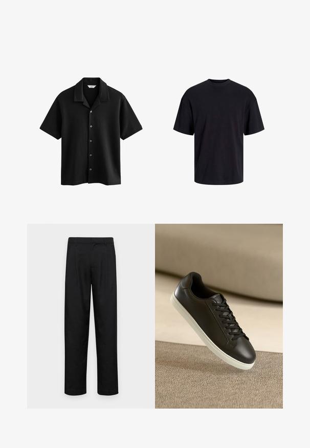 Next CUBAN COLLAR REGULAR FIT - Krekls - black; Melns kokvilnas T-krekls ar apaļu kakla izgriezumu, īsām piedurknēm un brīvu piegriezumu. Gluda tekstūra un nav redzamu rakstu vai akcentu.; Melnas bikses, izgatavotas no gludas auduma, ar taisnu kāju dizainu, divām priekšējām krokām un standarta jostu, kurai ir āķi.; Melnas ādas sporta kurpes ar baltu gumijas zoli un melnām auklām, novietotas uz bēša auduma virsmas un fona.