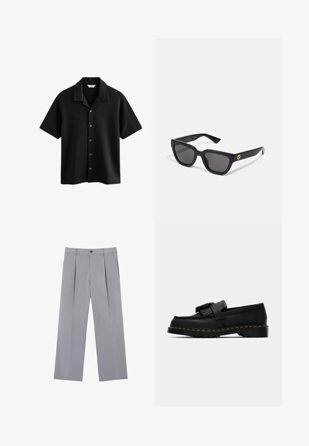 Next CUBAN COLLAR REGULAR FIT - Hemd - black; Grau gefaltete Hose mit entspannter Passform, aus leichtem Stoff gefertigt. Verfügt über Vordertaschen und einen Knopfverschluss an der Taille.; Schwarzer Lederloafer mit Quasten, gelben Nähten entlang der Sohle und einer dicken, gerippten Gummisohle.; Schwarze rechteckige Sonnenbrille mit glänzender Oberfläche, dunklen Gläsern und goldenen Akzenten am Bügel, die das Logo zeigen.