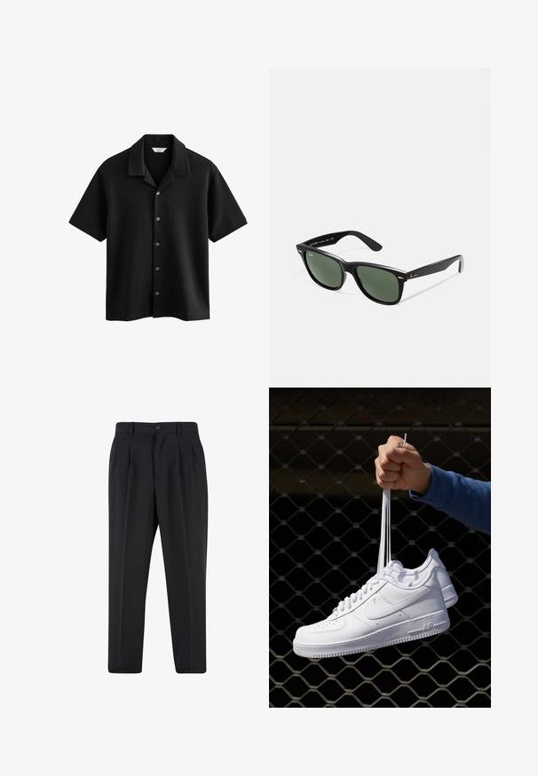 Next CUBAN COLLAR REGULAR FIT - Camicia - black; Pantaloni neri con design a pieghe sul davanti, realizzati in tessuto morbido. Presentano una chiusura con bottone e passanti per cintura; vestibilità a gamba dritta.; Sneakers in pelle bianca con perforazioni, punta rotonda, suola piatta e lacci spessi, con logo swoosh visibile e "AIR" sul tallone.; Occhiali da sole in plastica nera con lenti verdi, montatura quadrata, dettaglio argento sulla parte superiore e steli con texture. Marchio indicato sulla parte interna dello stelo.