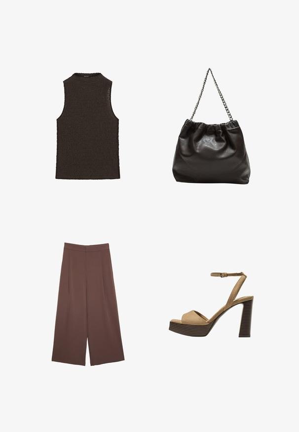 Hnědý top bez rukávů s texturovaným vlnitým designem a vysokým výstřihem, vyrobený z flexibilní pleteniny.; Hnědé široké kalhoty s hladkou texturou, vysokým pasem a předními záhyby. Materiál je lehký a volně splývá.; Bežové semišové sandály na vysokém podpatku s širokým předním páskem a páskem kolem kotníku, s masivním dřevěným blokovým podpatkem s texturovaným povrchem.; Hnědá kožená taška se sbíraným vrškem a řetízkovým popruhem. Hladký povrch s lesklým finišem a jemným švem na bocích.