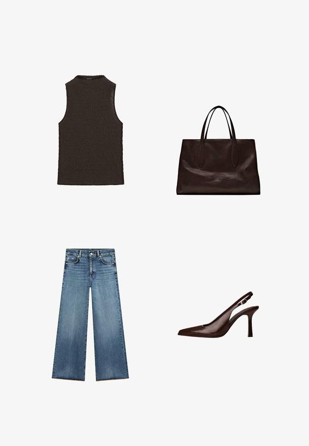 Top senza maniche marrone con un design ondulato testurizzato e collo alto, realizzato in un tessuto a maglia flessibile.; Jeans a gamba larga di colore blu chiaro realizzati in denim con vita alta, dotati di cinque tasche, cuciture a contrasto e orlo sfilacciato alla base.; Scarpa pump slingback in pelle marrone con punta affusolata e tacco sottile. Presenta una piccola fibbia decorativa sulla cinghia e una finitura lucida.; Massimo Dutti Borsa a mano - brown