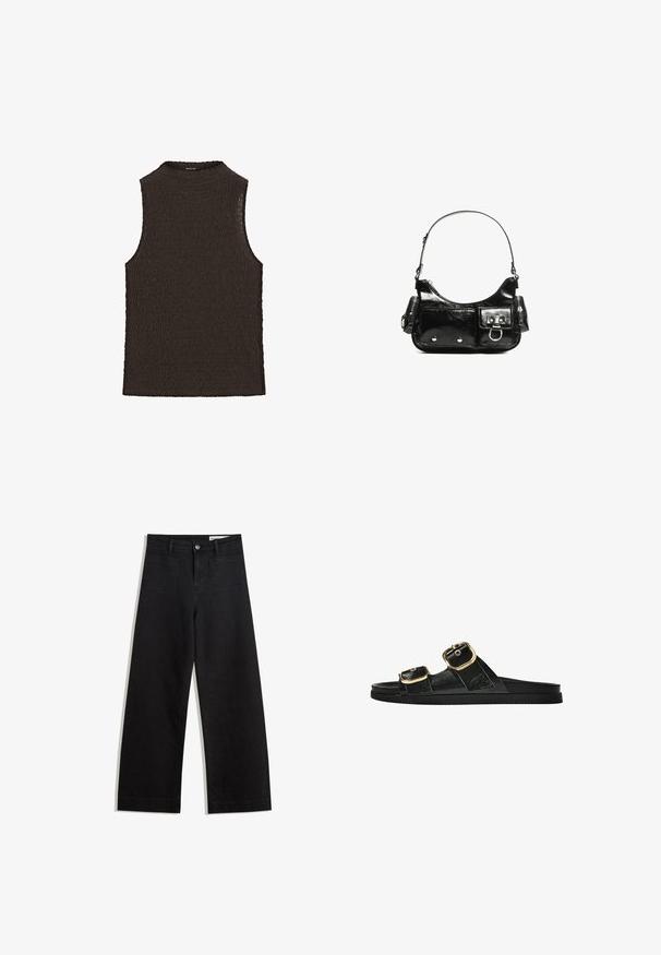 Bruine mouwloze top met een gestructureerd golvend ontwerp en hoge hals, vervaardigd uit een flexibele breigoed.; Zwarte denim broek met wijde pijpen en een hoge taille, voorzien van voor- en achterzakken, gestikte naden en een knoopsluiting. Gladde textuur.; Zwarte slipper met twee gouden gesps, gladde textuur, platte zool en een minimalistisch ontwerp.; Zwarte laarzen in lakleer met een gebogen vorm, één schouderband, voorvakken en accenten in zilverkleurig metaal.