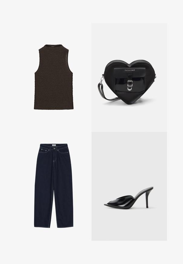 Brązowy bezrękawnik z teksturowanym falistym wzorem i wysokim dekoltem, wykonany z elastycznej dzianiny.; Granatowe dżinsowe spodnie z szerokimi nogawkami, z kontrastowym przeszyciem, przednimi kieszeniami i zapięciem na guziki. Czysty, prosty krój bez ozdób.; Czarne skórzane mule na wysokim obcasie z odkrytym palcem, w szpiczastym designie, gładkiej teksturze i smukłym obcasie szpilce.; Czarna torba w kształcie serca wykonana z lakowanej skóry, z przednią kieszenią z zapięciem na klamrę i odczepianym paskiem. Srebrne akcenty metalowe.