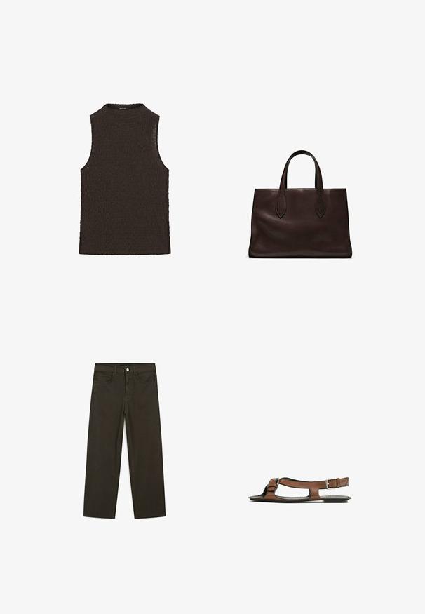 Brown sleeveless top featuring a textured wavy design and high neckline, crafted from a flexible knit fabric.; Dark green wide-leg jeans made of cotton blend, featuring a front button closure, five pockets, and classic denim stitching.; Brown leather sandal with an open toe and side cutouts. Features an ankle strap with a metal buckle and a flat sole.; Brown leather tote bag with two elongated handles, structured rectangular shape, smooth texture, and subtle stitching details.