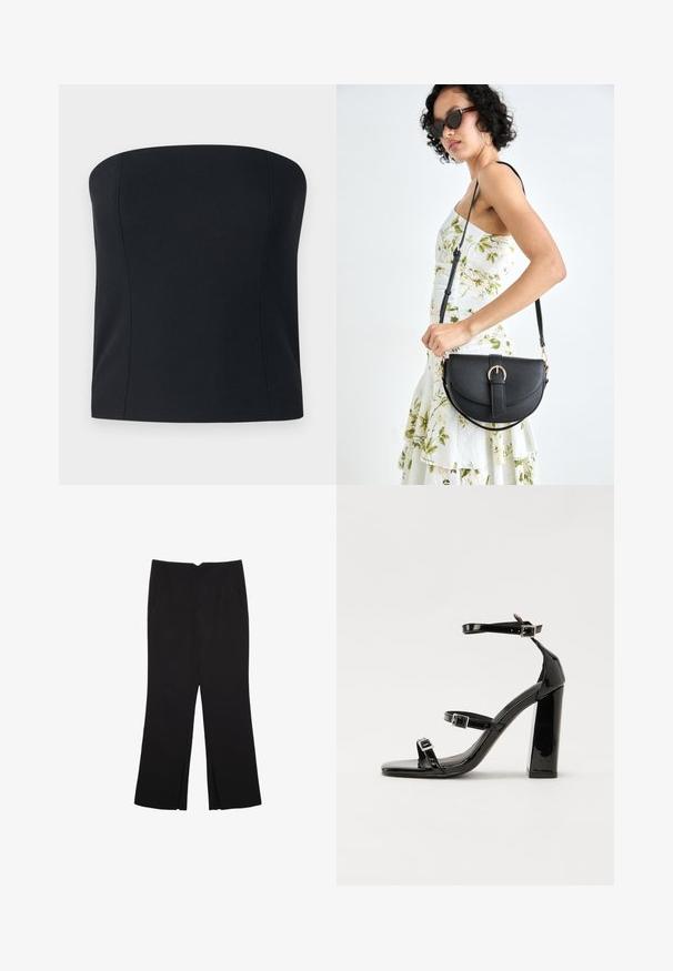 Črn top brez naramnic z oprijetim krojem iz gladkega, elastičnega blaga brez vidnih šivov. Enostavna, elegantna silhueta.; Črne hlače ravnega kroja z naglavnimi žepi in stranskimi razporki na robu. Narejene iz mehke, gladke tkanine. Primerne za različne priložnosti.; Črne lakirane sandale s peto, kvadratnim prstom, trakovi okrog gležnja in srebrnimi zaponkami. Opremljene so s stabilno Debelo peto.; Črna usnjena torbica s ukrivljeno obliko, z odstranljivo naramnico in zlatimi dodatki. Torbica ima pokrov s podrobnostmi v obliki zaponke.