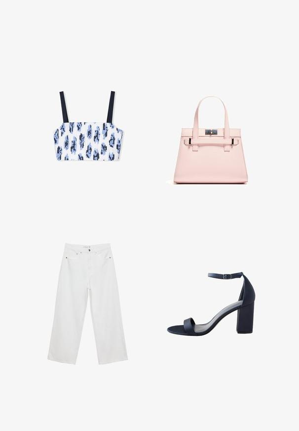 Gerippter Croptop mit weißem Grund und blauem Blumenmuster, ausgestattet mit dünnen navy-blauen Trägern und strukturierter Form. Der Stoff wirkt weich.; Weiße Jeans im weit geschnittenen Design aus Denim mit hoher Taille, ausgestattet mit fünf Taschen und Metallbeschlägen. Glatte Textur, keine sichtbaren Muster.; Marineblaue High-Heel-Sandale mit glatter Textur, breitem Riemen über den Zehen, Knöchelriemen und einem Blockabsatz für Stabilität.; Rosa strukturierte Handtasche aus strukturiertem Leder mit zwei Obergriffen, einem Klappverschluss und kontrastierenden Metallelementen.