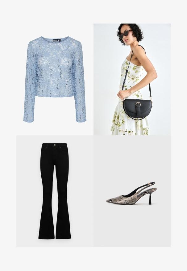 Top de encaje azul claro con mangas largas, que presenta acentos de lentejuelas y un escote redondeado. Cortado en una silueta corta para un ajuste ceñido.; Jeans negros de cintura alta con cierre de botón y cremallera, bolsillos frontales y piernas acampanadas, dispuestos sobre un fondo blanco.; Zapatos slingback de punta afilada fabricados con un material de estampado de serpiente texturizado, con un delgado tacón negro y un diseño recortado en los laterales.; Bolso de piel negra con forma curva, correa desmontable y herrajes dorados. El bolso cuenta con una solapa con un detalle de hebilla.