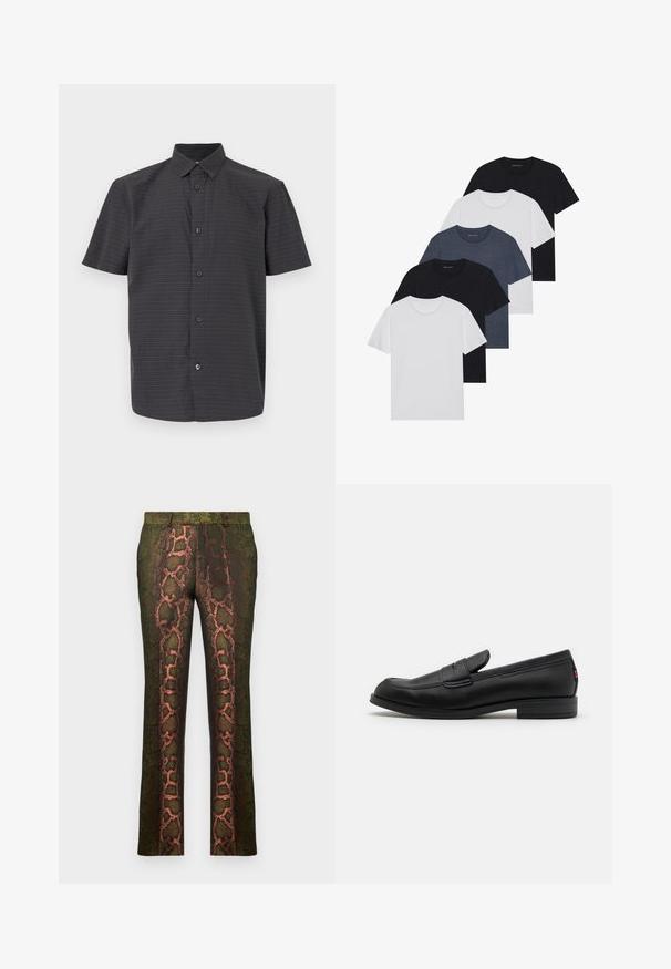 Melna īsās piedurknes pogājama krekla, kas izgatavots no viegla auduma, ar maigu mazu balto un krāsaino punktu rakstu.; Piecu T-kreklu komplekts melnā, baltā un tumši zilā krāsā. kokvilnas audums, īsas piedurknes, apļveida kakla dizains un vienkārša faktūra bez rakstiem.; Zaļas bikses ar rakstu, kas iekļauj čūsku drukājumu brūnos un oranžos toņos, taisna silueta un gluda tekstūra.; Melnas ādas loafers ar gludu apdari, noapaļotu purngalu un mazu dekoratīvu flap. Ietver zemu kraujošu papēdi un smalku zīmola detalizāciju.