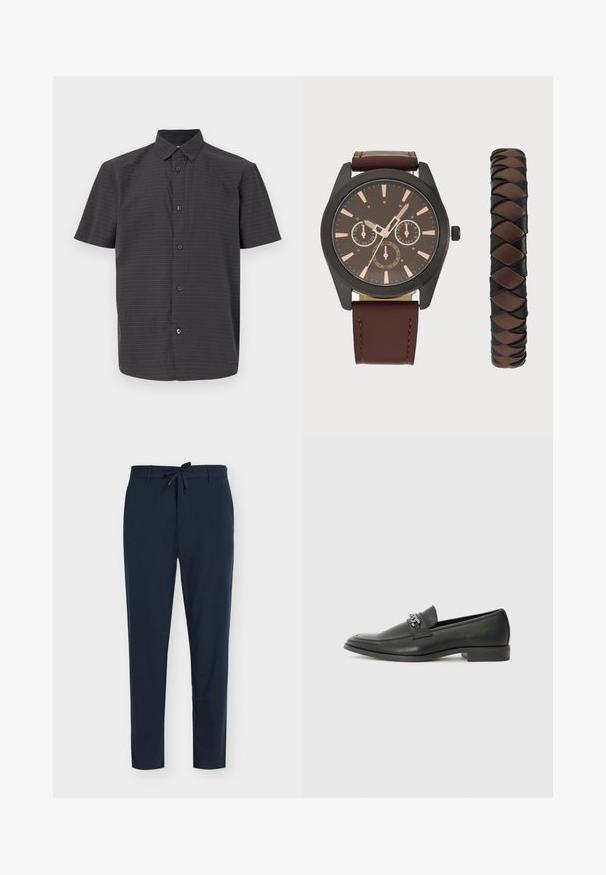 Kortärmad svart skjorta med knappar, tillverkad av lätt tyg, med ett subtilt mönster av små vita och färgade prickar.; Mörkblå byxor i slät tyg med justerbar midja med dragsko, med ett vertikalt tunnrandigt mönster och smalnande ben.; Svart läderloafers med en slät yta, med en sydd design och en dekorativ metallkedjeaccent över västen. Platt häldesign.; Pier One SET - Klocka - black/brown