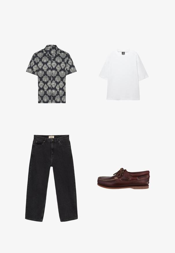 Lyhyet hihat, tummansininen kangaspaita, jossa on vaaleanpunainen kukka- ja paisley-kuvio. Paidassa on kaulus ja napitus edessä.; Valkoinen ylisuuri t-paita, jossa on lyhyet hihat, pyöreä pääntie ja pehmeä puuvillakangas. Kauluksessa on musta etiketti. Ei kuvioita tai korostuksia.; Mustat farkut rentoa istuvuutta. Ominaisuuksiin kuuluu viisi taskua, etunappi kiinnitys ja ompeluyksityiskohdat. Hieman kulunut pinta.; Ruskea nahkainen veneen kenkä, jossa on pyöreä kärki, erottuva tikkaus, nauhakiinnitys ja kuminen pohja pitävyyden takaamiseksi. Timberland-logo näkyvissä.