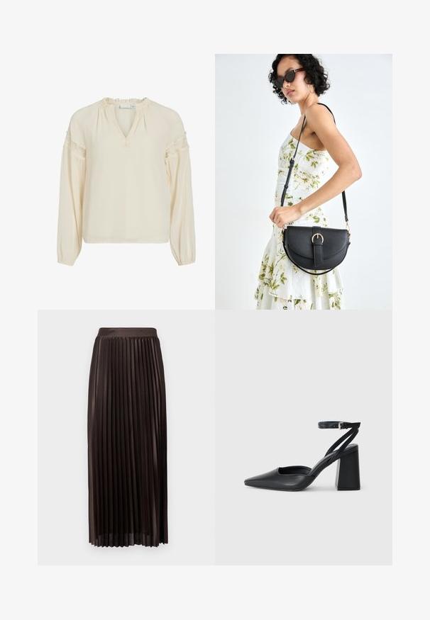 Krémová blúzka s výstrihom do V, volánikovým golierom, dlhými rukávmi a čipkovými detailmi na pleciach. Vyrobená z ľahkej, hladkej tkaniny.; Plisovaná midi sukňa z tmavohnedého materiálu, s hladkým pásom, dĺžka po zem a vertikálne plisovanie pre pridanie textúry.; Čierne kožené lodičky s špicatou špičkou a členkovým remienkom, s masívnym podpätkom. Hladký povrch, elegantný dizajn a minimalistická estetika.; Čierna kožená kabelka s zaobleným tvarom, odnímateľným popruhom a zlatými doplnkami. Kabelka má klopu s detailom s prackou.