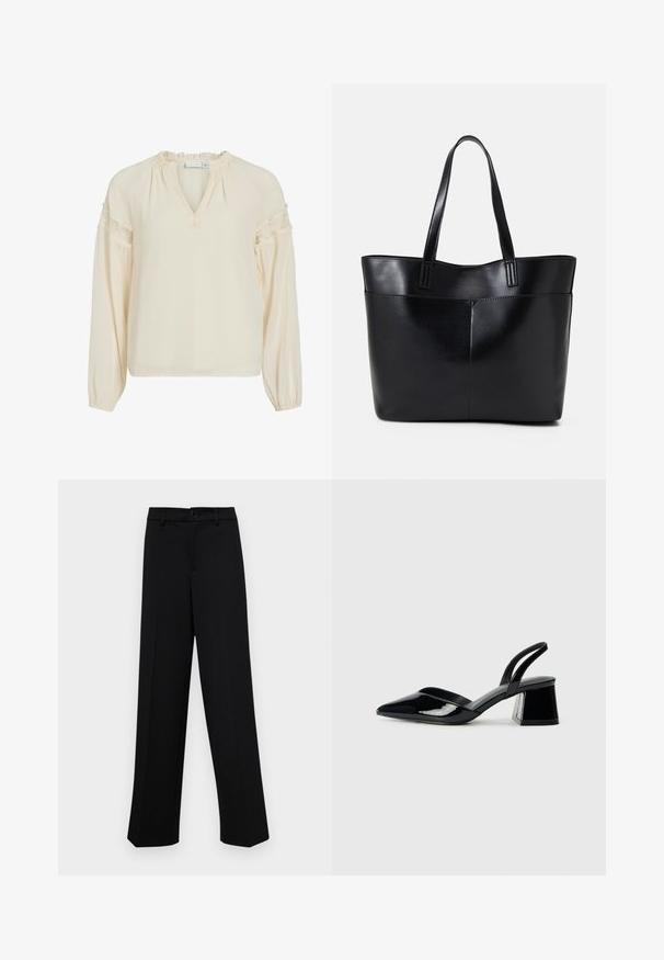 Cremefarbene Bluse mit V-Ausschnitt, gerafftem Kragen, langen Ärmeln und Spitzenakzenten an den Schultern. Hergestellt aus leichtem, glattem Stoff.; Schwarze, weit geschnittene Hosen aus glattem Stoff, mit einem klassischen Taillenbund und einem Knopfverschluss sowie vorderen Falten.; Schwarze Lackleder-Slingback-High Heels mit spitzem Schuh und einem geometrischen Blockabsatz. Verfügt über ein schlankes, minimalistisches Design und eine glatte Textur.; Schwarze Leder-Shopper-Tasche mit zwei langen Griffen, einer glatten Textur und einer strukturierten Form. Verfügt über eine Vordertasche für zusätzlichen Stauraum.