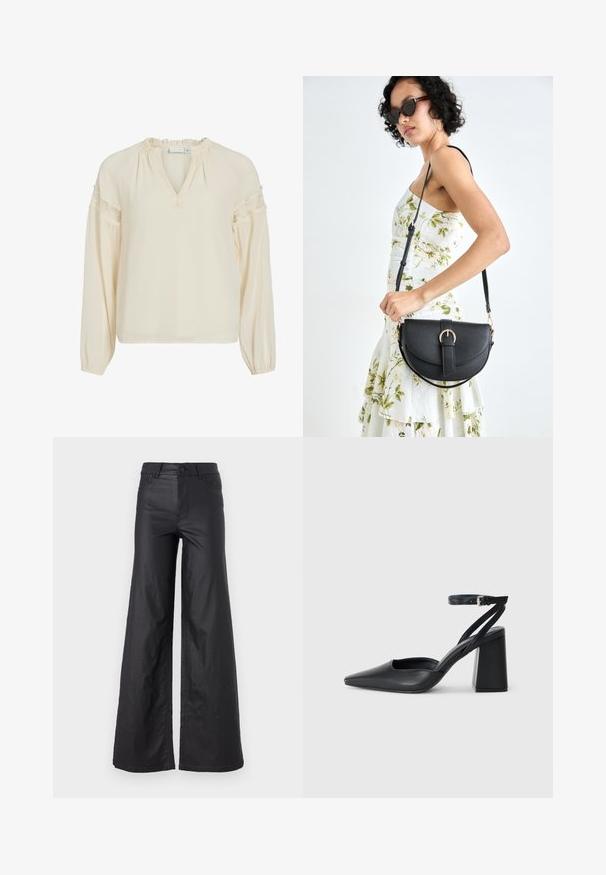 Kremasti bluzon s V-izrezom, naboranim izrezom, dugim rukavima i čipkastim detaljima na ramenima. Izrađen od laganog, glatkog materijala.; Crne široke hlače od umjetne kože. Imaju visoki struk, petlje za remen, dva prednja džepa i šivanu obradu.; Crne kožne cipele s špicastim vrhom, remenom oko gležnja i debelim potplatom. Ravna tekstura, elegantan dizajn i minimalistička estetika.; Crna kožna torba s lukovitim oblikom, odvojivim remenom i zlatnim detaljima. Torba ima preklop s kopčom.