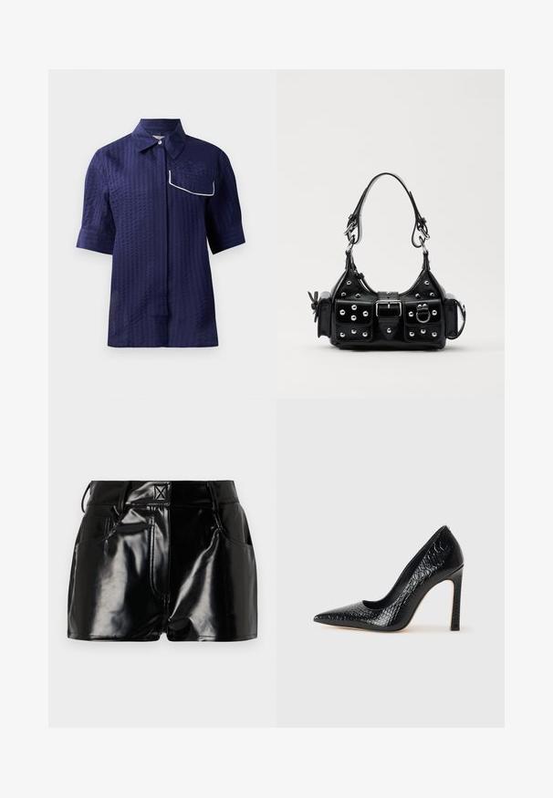 Navy short-sleeve shirt with a textured pattern, collared design, and a white piped pocket on the left side. Lightweight fabric.; Black, glossy shorts made of synthetic material. Features a fitted waist, belt loops, and front pockets with prominent stitching details.; Black pointed-toe high heel shoe with a crocodile-skin texture, featuring a sleek design, high stiletto heel, and smooth black interior.; Black leather handbag with a curved design, featuring silver studs, a buckle, and two side pockets. Adjustable strap for carrying options.