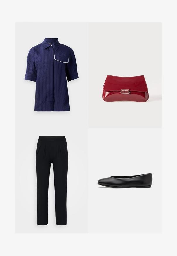 Camisa azul marinho de mangas curtas com um padrão texturizado, design com colarinho e um bolso branco com pipas do lado esquerdo. Tecido leve.; Calças pretas, de perna larga, feitas de tecido suave. Apresenta um cós elástico e dois pregas frontais. Sem padrões visíveis ou acessórios.; Paul Smith TOPANGA - Sabrinas - black; Clutch em pele vernizada vermelha com um design curvado, aba a dobrar e um detalhe de logótipo em metal numa placa prateada. Textura suave e brilhante.