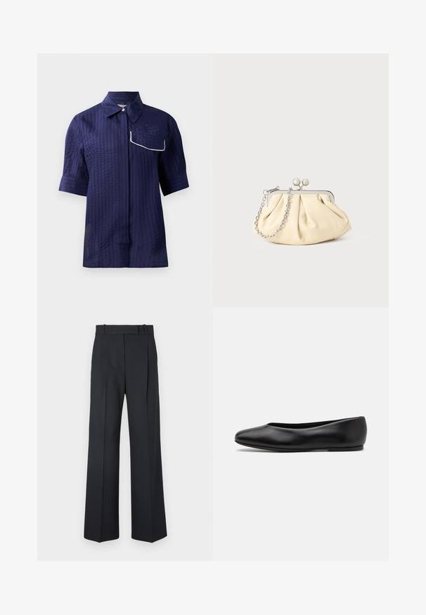 Navy short-sleeve shirt with a textured pattern, collared design, and a white piped pocket on the left side. Lightweight fabric.; Dark blue pinstriped trousers with a high waist, wide leg design, and no visible hardware or embellishments. Smooth texture and tailored fit.; Paul Smith TOPANGA - Ballet pumps - black; Pleated beige leather clutch with a silver metal frame, featuring two round decorative clasps and a silver chain strap.