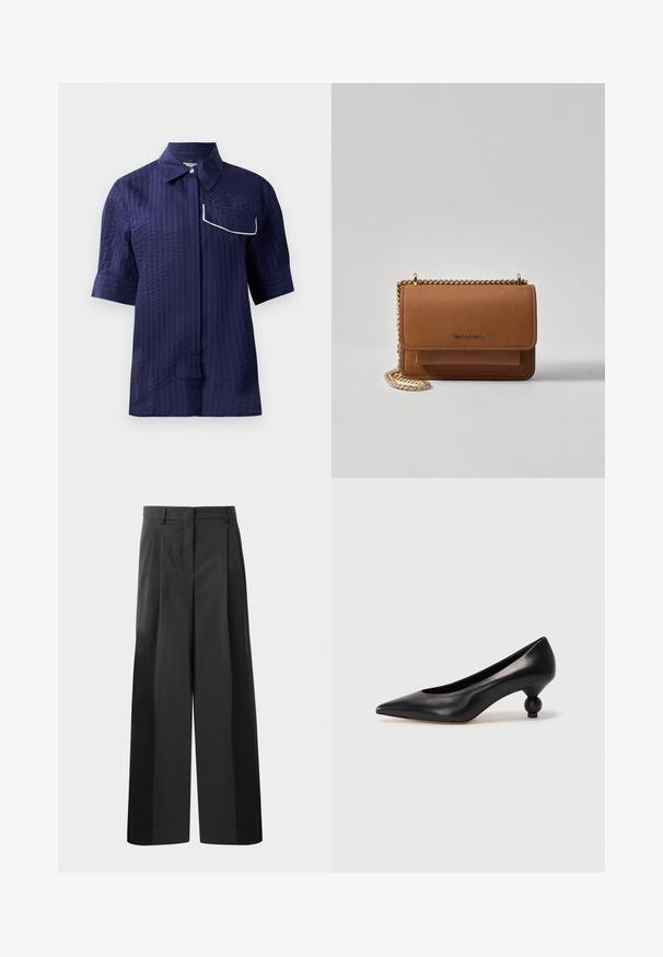 Jūras zila īsām piedurknēm krekls ar teksturētu rakstu, ar apkakles dizainu un baltu apmalotu kabatu kreisajā pusē. Vieglas audums.; Melni platajā kājās bikses ar augsto jostasvietu, kas ar priekšējiem krokām, gludu tekstūru un pielāgotu apdari. Veidotas relaksētai piegrieztei.; Melnas ādas augstpapēžu kurpes ar smailu purngalu un apaļu papēdi. Gluda tekstūra ar elegantu, minimālistisku dizainu.; Brūna teksturēta ādas plecu soma ar zelta ķēdes siksnu un atloka aizdari. Priekšpusē ir logotipa detaļa un kabata zem atloka.