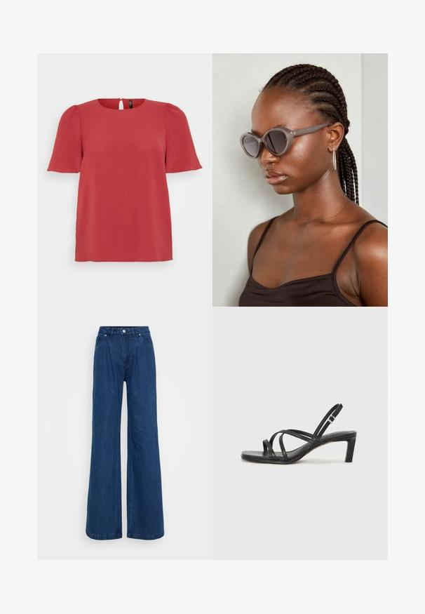 Haut rouge à manches courtes avec un col rond et un dos à détail de trou de serrure. Il présente un tissu texturé et une coupe décontractée, idéale pour une tenue décontractée.; Jeans en denim bleu à jambe large avec une taille haute, fermeture avant à bouton et zip, et poches avant et arrière sur un fond uni.; Sandale noire à lanières avec un bout carré et un petit talon bloc. Elle présente plusieurs fines lanières et une sangle de cheville ajustable. Fabriquée en cuir lisse.; Lunettes de soleil grises surdimensionnées avec une forme arrondie et des verres foncés. Monture en plastique élégante avec une finition lisse. Le modèle a des cheveux tressés.; Sac fourre-tout en cuir noir avec une texture lisse, une forme structurée, deux poignées et un détail en boucle argentée proéminent à l'avant.