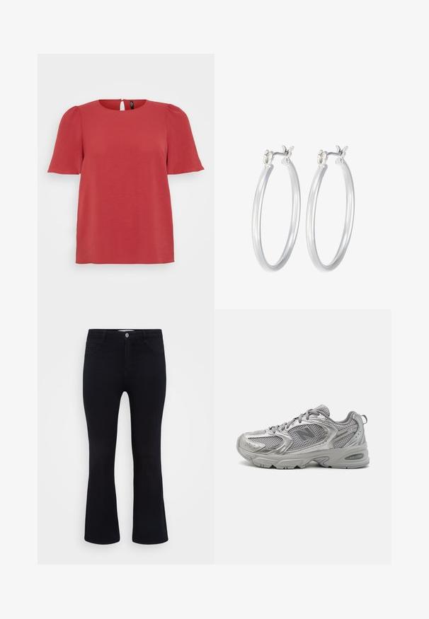 Top corto rojo de manga corta con cuello redondo y detalle de abertura en la espalda. Presenta una tela texturizada y un corte holgado, adecuado para un estilo casual.; ONLY Carmakoma CARTHUNDER PUSH UP - Vaqueros a campana - black denim; Zapatillas deportivas plateadas con parte superior de malla, diseño ligero, collar acolchado y suela texturizada con la marca "ABZORB".; Pendientes de aro de plata con un acabado liso y pulido. Forma redonda y cierre de click seguro. Diseño ligero adecuado para el uso diario.