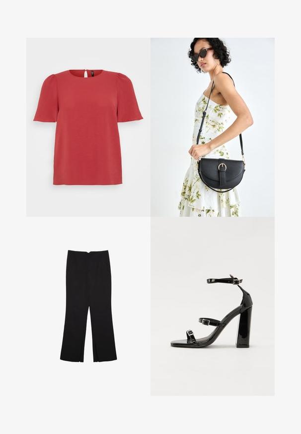 Czerwona bluzka z krótkim rękawem, okrągłym dekoltem i detalem w postaci nieco odsłoniętych pleców. Posiada teksturowany materiał i luźny krój, idealna na codzienne noszenie.; Czarne spodnie o prostym kroju, z przednimi kieszeniami i bocznymi rozcięciami na dole. Wykonane z miękkiego, gładkiego materiału. Odpowiednie na różne okazje.; Czarne lakierowane sandały na obcasie z kwadratowym noskiem, z paskami wokół kostki i srebrnymi klamrami. Posiadają masywny słupek dla stabilności.; Czarna skórzana torebka o zakrzywionym kształcie, z odpinanym paskiem i złotymi akcentami. Torebka posiada klapę z zapięciem w kształcie klamry.