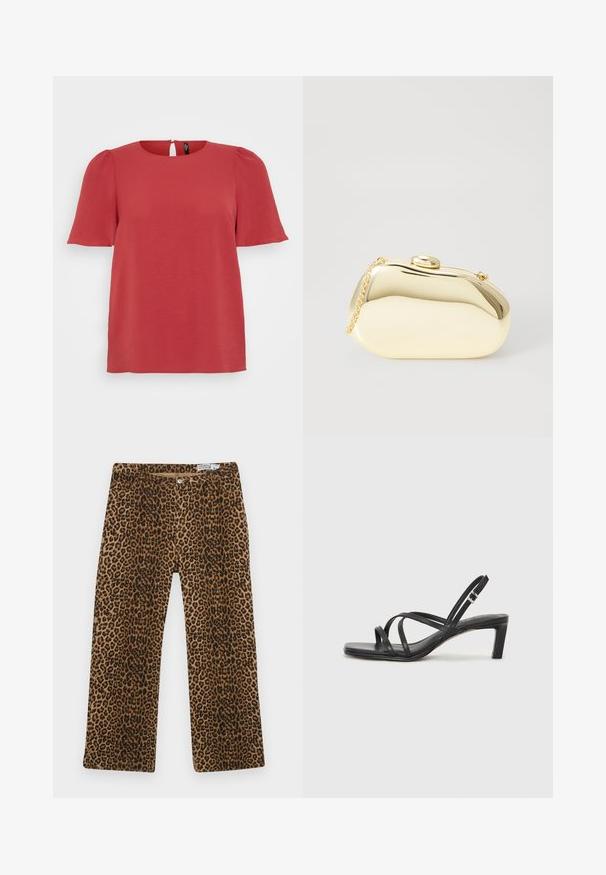 Röd kortärmad topp med rund hals och nyckelhålsdetalj bak. Har ett texturerat tyg och en avslappnad passform, perfekt för vardagsbruk.; Leopardmönstrade byxor med ett brunt och svart mönster, rak ben-design och klassisk fem-fickors stil. Tillverkade av en blandning av bomull.; Svart sandaler med remmar och fyrkantig tå samt låg blockklack. Har flera tunna remmar och en justerbar ankelrem. Tillverkad av mjukt läder.; Metallisk guldclutch med en slät, rund form, som har en knappstängning på toppen och ett litet kedjehandtag för bärande.
