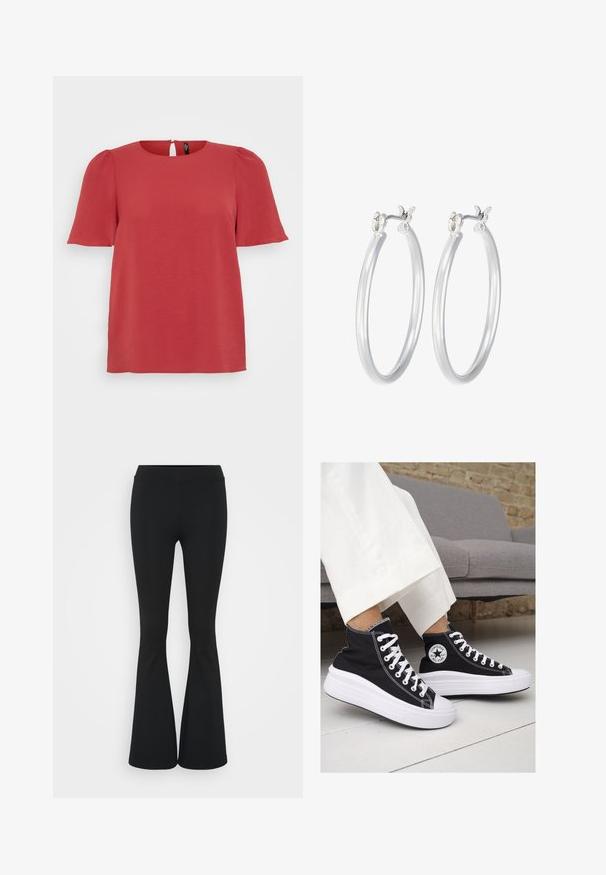 Rdeča majica s kratkimi rokavi z okroglim izrezom in detajlom v obliki ključavnice na hrbtni strani. Ima teksturirano tkanino in sproščen kroj, primerna za vsakodnevno nošenje.; Črne hlače s širokimi hlačnicami, izdelane iz raztegljive tkanine, z visokim pasom in gladko teksturo. Hlače se širijo od kolena navzdol.; Črne platnene visoke superge z belimi gumijastimi podplati in vezalkami. Imajo krožni logotip na strani in kontrastno bele šive.; Srebrni obroči za ušesa z gladko, polirano površino. Okrogla oblika in varna zaponka s klikom. Lahka zasnova, primerna za vsakodnevno nošenje.