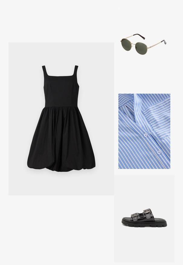 Light blue and white striped button-up shirt, featuring a collared neckline, front pocket, and smooth fabric texture with flat buttons.; Black sleeveless dress with a square neckline, fitted bodice, and gathered, flared skirt ending in a rounded hem. Smooth fabric.; Black sandals featuring two wide straps with decorative studs and detailed buckles, set on a sturdy textured rubber sole.; Round sunglasses with metallic gold frames and dark green lenses. The arms feature a tortoiseshell design for added detail.; Black faux leather handbag with quilted texture, curved shape, silver chain strap, and a small logo accent at the front.