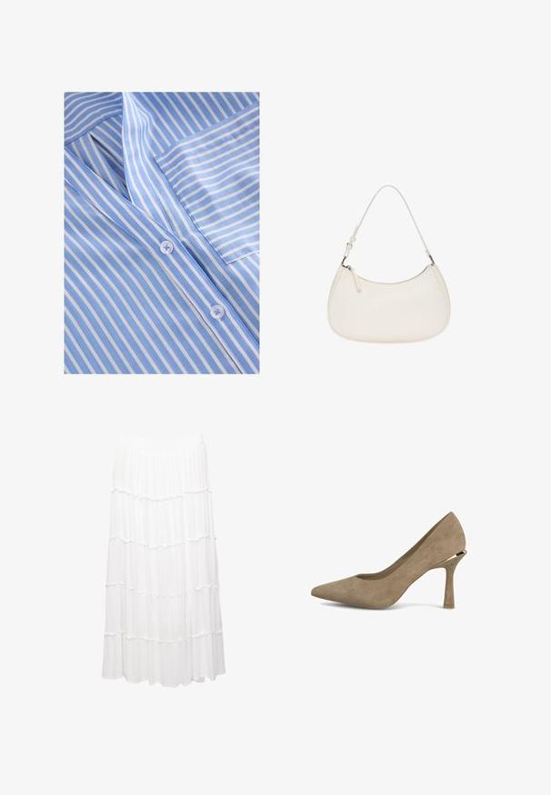 Light blue and white striped button-up shirt, featuring a collared neckline, front pocket, and smooth fabric texture with flat buttons.; White tiered skirt made of lightweight fabric, featuring a stretchy waistband, ruffled layers, and a flowing design that extends to mid-calf.; Beige suede high-heeled pump with a pointed toe and a unique geometric heel. Smooth texture with minimal stitching detail.; White leather handbag featuring a curved shape, adjustable strap, and top zipper closure. Smooth texture with minimal hardware details.; Gold hoop earrings with a smooth, rounded shape. Features a shiny finish and a secure clasp mechanism. Bold design with a seamless curve.