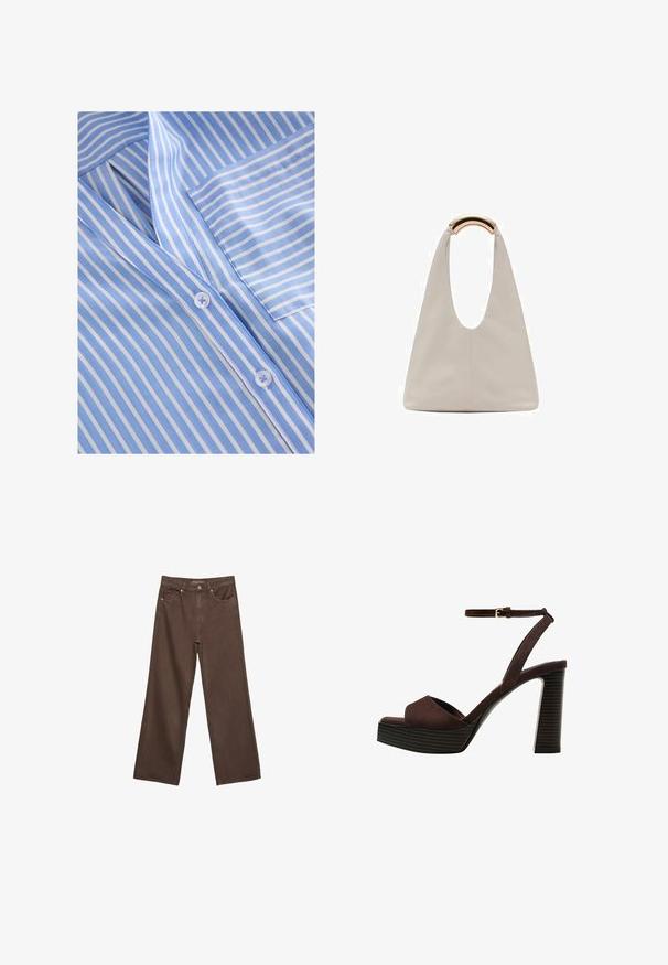 Koszula na guziki w jasnoniebieskie i białe paski, z kołnierzykiem, przednią kieszenią i gładką teksturą tkaniny oraz płaskimi guzikami.; Szerokie brązowe dżinsy wykonane z denimu, z wysokim stanem, przednimi kieszeniami i klasycznym zapięciem na guzik. Gładka faktura z subtelnym przeszyciem.; Brązowe zamszowe sandały na wysokim obcasie z odkrytymi palcami, regulowanym paskiem na kostce i paskowatą podeszwą.; Jasnoszara skórzana torba o kształcie litery U z zakrzywionym metalowym uchwytem. Gładka tekstura z minimalnymi szwami i bez widocznych wzorów.