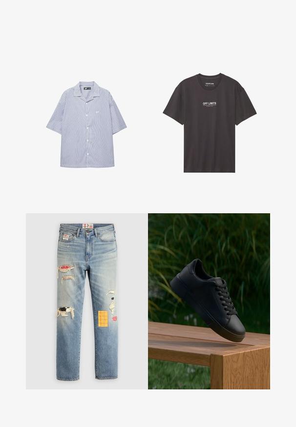 Korte mouwen overhemden met blauw en witte verticale strepen, een puntige kraag en een klein logo op de borst. Lichte stof.; Zwarte T-shirt met korte mouwen van katoen en een ronde hals. Bevat witte tekst "OFF LIMITS" en "DANGEROUS AREA" gedrukt op de voorkant.; Lichtblauwe denim jeans met een relaxte pasvorm, voorzien van versleten patches in verschillende kleuren en patronen, waaronder oranje en rode accenten.; Zwarte leren sneaker met veters lijkt boven een houten bank te zweven, met groen gras en planten op de vervaagde achtergrond.
