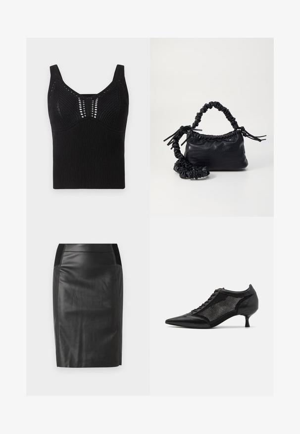 Crni pleteni top bez rukava s rebrastom teksturom, širokim naramenicama i okruglim izrezom s dekorativnim otvorenim tkanjem sprijeda.; Crna kožna suknja u obliku olovke s prilagođenim dizajnom, glatkom teksturom i elastičnim pojasom s bočnih strana. Ravni rub na dnu.; Crne cipele s oštrom nazubljenom petom i mrežastim panelom, sa niskom petom i vezanjem sprijeda. Izrađene od kombinacije kože i mrežastog materijala.; Crna torba od umjetne kože s teksturom krokodila, s cinčanim vrhom i naboranom trakom. Izgleda mekano i kompaktno u dizajnu.
