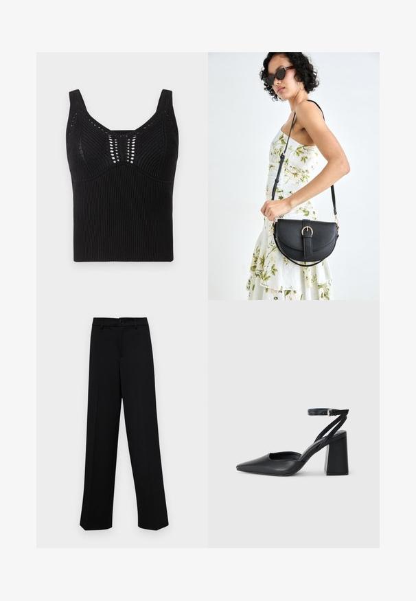 Must mustriga särk, millel on soonikkoes, laiad rihmad ja ümar kaelus, mille esiosas on dekoratiivsed avatud kudumismustrid.; Musta laiad püksid siledast kangast, millel on klassikaline vöökoht, nööbiga sulgemine ja ees voldid.; Mustmustest must-käigukingad, millel on konksuga nöör ja paks konts. Ühtlane tekstuur, stiilne disain ja minimalistlik esteetika.; Mustmust mustraha kõverate joontega, eemaldatava rihmaga ja kuldsete detailidega. Kotil on klapp, millel on pandladetail.