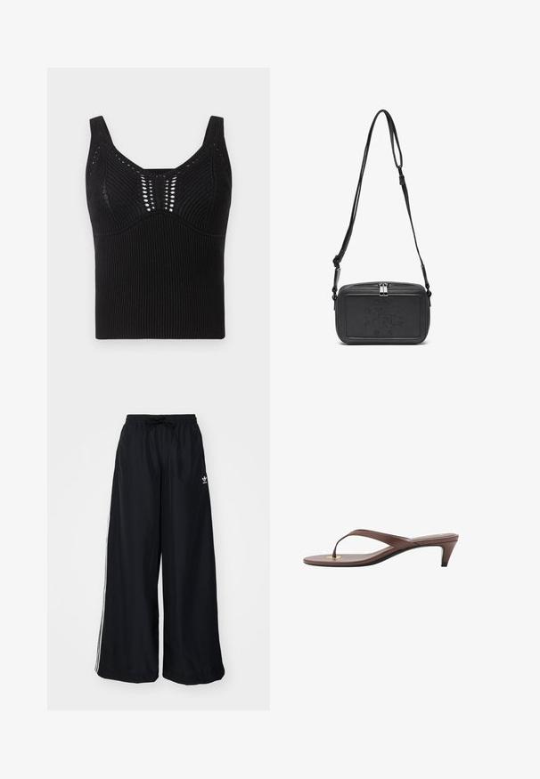 Mustat neulotut hihattomat paidat, joissa on ribbikuvio, leveät olkaimet ja syvä kaula-aukko, etuosassa koristeellisia avonaisia kudoksia.; Mustat leveät housut, jotka on valmistettu kevyestä kankaasta. Varustettu joustavalla vyötärökaistalla, jossa on kiristysnauha, ja valkoisilla sivusuunnilla. Brändin logo lantiossa.; Kahvoit varrelliset flip-flop sandaalit, joissa on hoikka hihna ja pyöristetty varvasosa, sekä pieni kultainen yksityiskohta pohjalla.; Musta nahkainen olkalaukku vetoketjulla, etuosassa kohoamalla painettu logo ja säädettävä hihna. Sujuva pinta ja suorakulmainen muoto.
