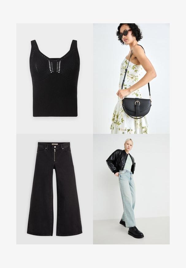 Must mustriga särk, millel on soonikkoes, laiad rihmad ja ümar kaelus, mille esiosas on dekoratiivsed avatud kudumismustrid.; Laiad teksad mustast denimist, millel on lukuga eesmine osa, viie taskuga disain ja peened õmblusdetailid. Sile tekstuur ja juhuslik stiil.; Mustast nahast pommijakk, piparmündiroheline särk, helesinised laiad teksad ja mustad nööbitavad kingad, minimaalses taustas.; Mustmust mustraha kõverate joontega, eemaldatava rihmaga ja kuldsete detailidega. Kotil on klapp, millel on pandladetail.