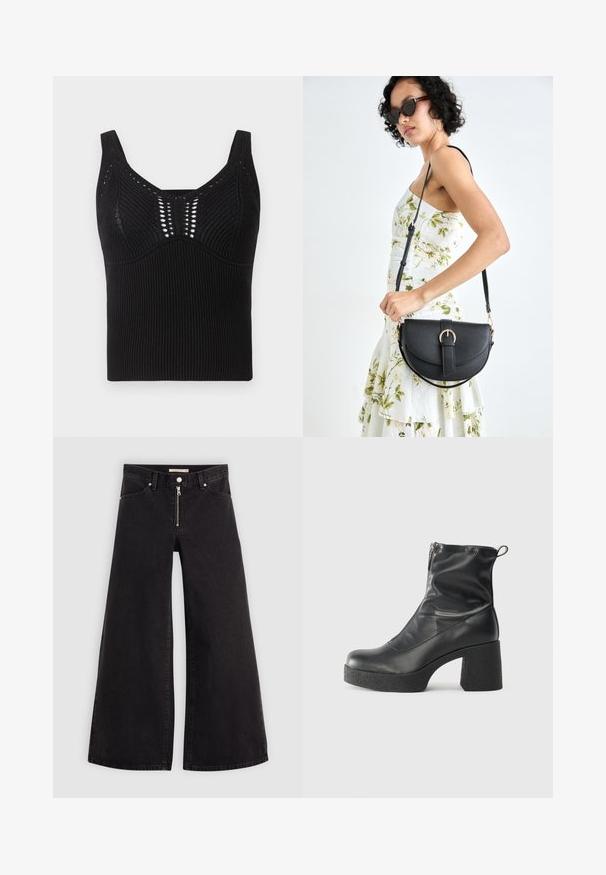 Czarna dzianinowa bluzka na ramiączkach charakteryzująca się żebrowaną teksturą, szerokimi ramiączkami oraz okrągłym dekoltem, z dekoracyjnymi otwartymi wzorami na przodzie.; Jeans o szerokich nogawkach w czarnym denienie z zamkiem błyskawicznym z przodu, pięcioma kieszeniami i subtelnymi detalami przeszycia. Gładka tekstura i swobodny styl.; Czarne botki za kostkę wykonane z gładkiej skóry, wyposażone w boczny zamek błyskawiczny, masywny teksturowany obcas oraz zaokrąglony czubek.; Czarna skórzana torebka o zakrzywionym kształcie, z odpinanym paskiem i złotymi akcentami. Torebka posiada klapę z zapięciem w kształcie klamry.