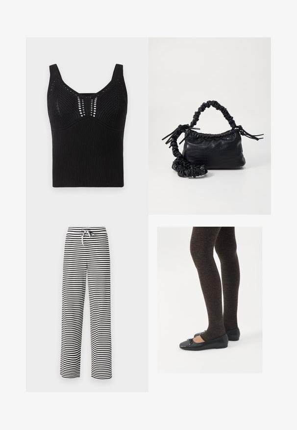 Crni pleteni top bez rukava s rebrastom teksturom, širokim naramenicama i okruglim izrezom s dekorativnim otvorenim tkanjem sprijeda.; Crno-bijele prugaste široke hlače s elastičnom trakom za podešavanje. Mekani materijal s opuštenim krojem. Vertikalne pruge kroz cijele hlače.; Crne ravne cipele s malim mašnom na vrhu prstiju, uparene s tamnosmešnim rebrovanim čarapama. Cipele imaju glatku teksturu i nizak profil.; Crna torba od umjetne kože s teksturom krokodila, s cinčanim vrhom i naboranom trakom. Izgleda mekano i kompaktno u dizajnu.