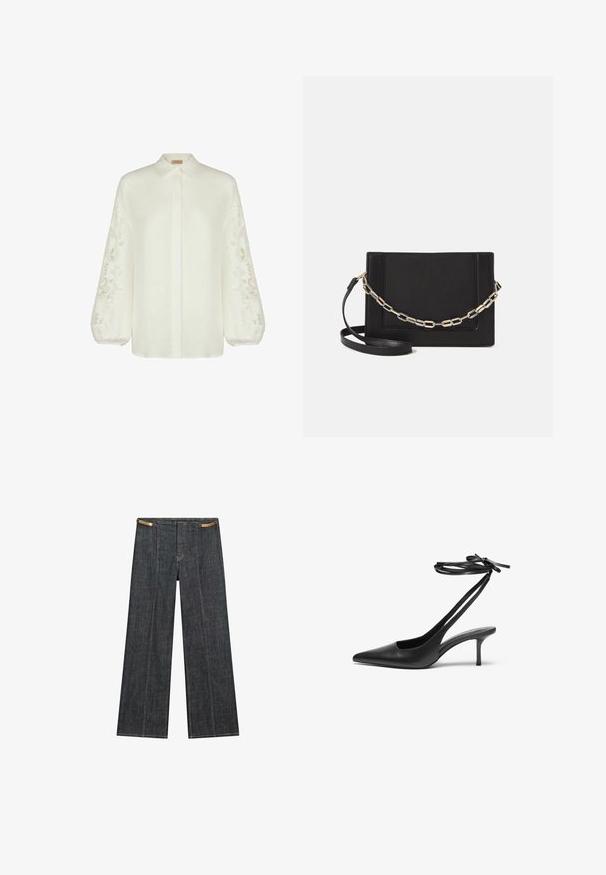 Weiße Leinenbluse mit langen, puffigen Ärmeln und aufwendiger Blumenstickerei. Mit Kragen, Knöpfen vorne und lockerem Schnitt.; Helle Jeans mit weitem Bein und hoher Taille. Mit sichtbaren Nähten, einem Knopfverschluss und einem einzigartigen Kettenakzent an der Taille.; Schwarzer Leder-Stiletto mit spitzem Zehenbereich, offenem Fersenbereich und mit einer Schleife gebundenen Knöchelriemen. Schlanker 3-Zoll-Absatz. Glatte Textur, minimalistisches Design.; Schwarze Leder-Crossbody-Tasche mit glatter Textur, rechteckiger Form und metallic-kettendetail auf der Vorderseite. Verstellbarer Gurt inklusive.